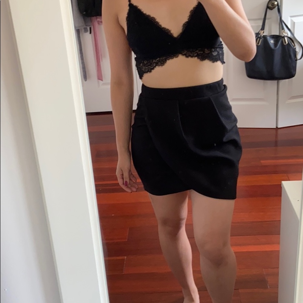 Surplice Overlap Black Knit Textured Skirt